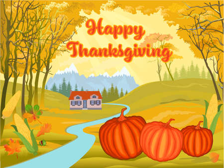 Happy Thanksgiving text with pumpkins, corn and leaves.
Thanksgiving design perfect for prints, banners, flyers, invitations.のイラスト素材