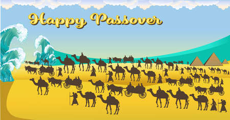 Jewish holiday banner template for Passover holiday. Group of People with Camels Caravan Riding in Realistic Wide Desert Sands in Middle East.のイラスト素材