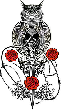 Beautiful line drawing tattoo design of an owl holding dagger and roses flowers. Illustration for tattoo, poster, print, t-shirt.のイラスト素材