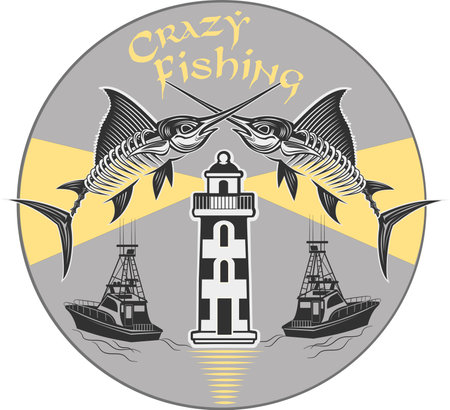 Crazy fishing. Skeleton fisherman catching marlin and tunaのイラスト素材