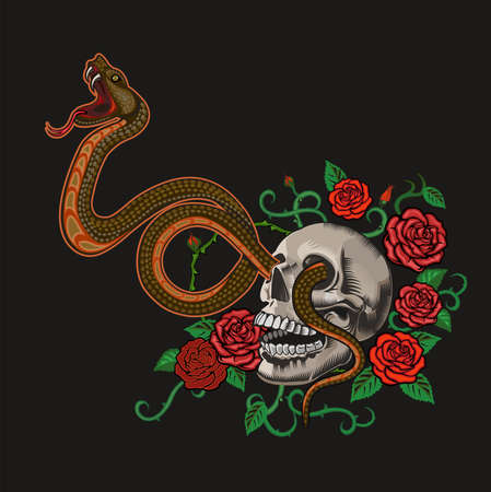 illustration human death skull with roses and snakeのイラスト素材