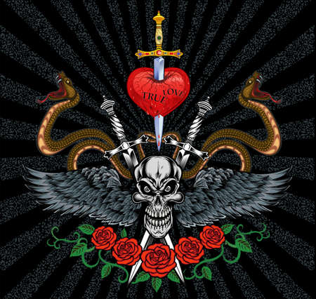 illustration human death skull with roses and wingsのイラスト素材