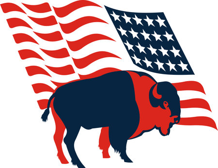 USA Flag and bison. American buffaloのイラスト素材