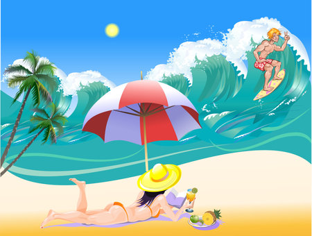 The Paradise island resort. Woman on the beachのイラスト素材