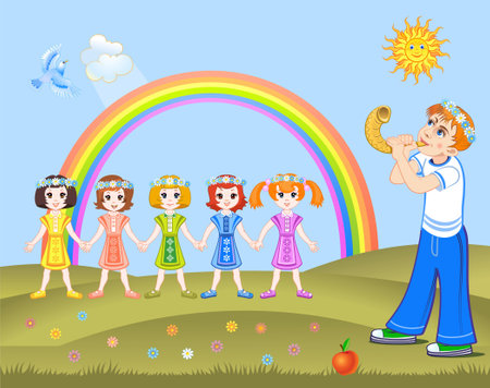 the Boy play on horn the girls dance at roundelayのイラスト素材