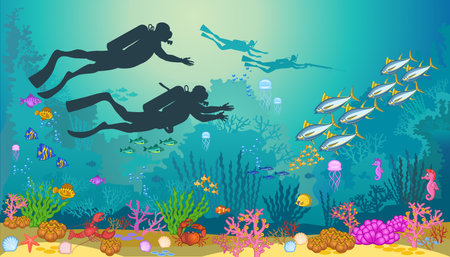 School of Sea Fish and divers. Fish swimming under the seaのイラスト素材