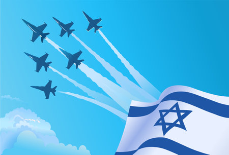 Israeli National waving flag and Military fighter jets flying in the blue skyのイラスト素材