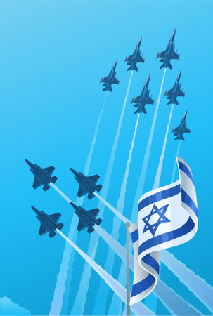 Israeli National waving flag and Military fighter jets flying in the blue sky&#xD;&#xA;のイラスト素材