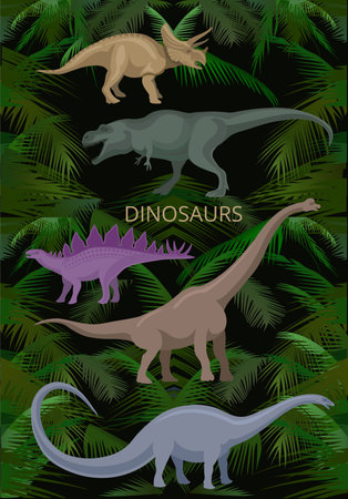 Dinosaurs in colors. Silhouette of brontosaurus, triceratops, stegosaurus and others reptileのイラスト素材