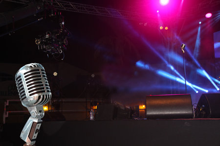Outdoor concert stage with spotlights. Microphoneの写真素材