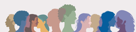 Silhouette of a group of multiethnic people. Racial equality in a multicultural society. Anti-racism concept. Profile silhouettes of different peopleのイラスト素材