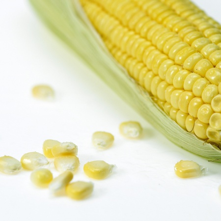 fresh corn fruits with green leaves isolated on white backgroundの写真素材