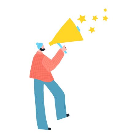 Hipster guy giving feedback for customer experience through megaphone with stars. Illustration concept.のイラスト素材