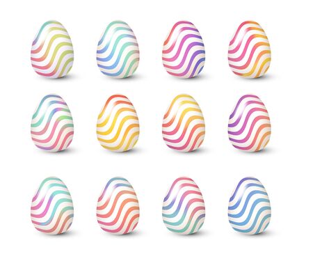 Set of modern gradient 3d Easter eggs with waves zigzag isolated vector illustration. Blue, yellow, pink gradient painted eggs.のイラスト素材