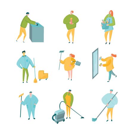 Professional cleaners housekeepers set. Wiping, spraying, vacuming, cleaning and washing.のイラスト素材
