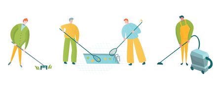 Workers cleaning pool, mowing grass and vacuming.のイラスト素材