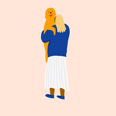 Woman volunteering in animal shelter with dog.のイラスト素材
