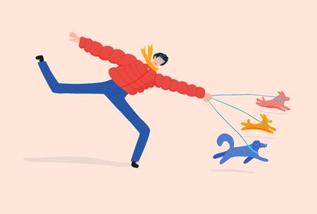 Man walking three dogs running fast in bomber jacket and scarf in animal shelter.のイラスト素材