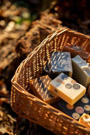 Fresh bars of handmade herbal soap presented in the natureの写真素材