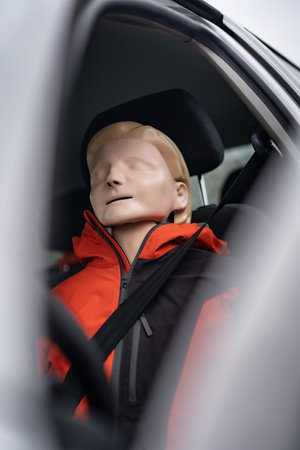 Resuscitation model is sitting on the seat of the driver ready for another medical simulation during professional first aid courseの写真素材