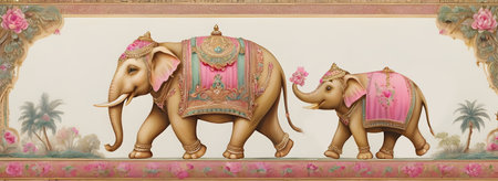 Vintage floral background with elephants and flowers. Digital painting illustration.の素材