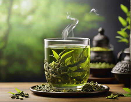 Green tea in a glass cup on a wooden table on a natural backgroundの素材