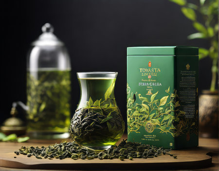 Green tea in a glass on a wooden table. Black background.の素材