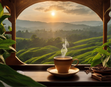 Coffee cup and coffee beans on wooden table in tea plantation at sunsetの素材