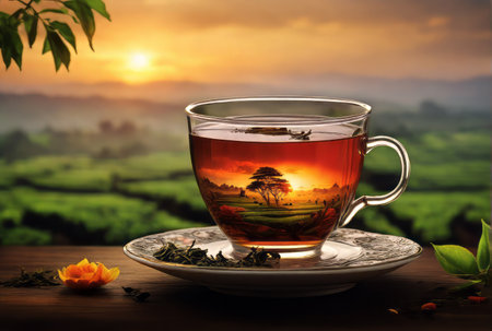 Tea in glass cup on wooden table with beautiful nature landscape background.の素材