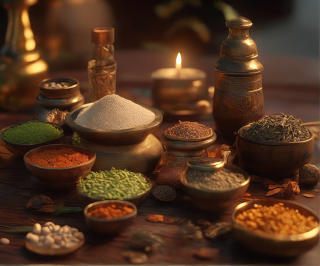 Spices and herbs on wooden table. Food and cuisine ingredients.の素材