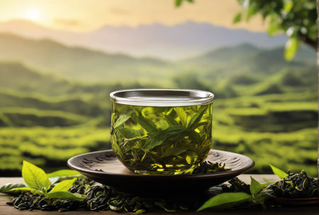 Green tea in a glass cup with fresh green tea leaves on a wooden table against the backdrop of the tea plantations.の素材
