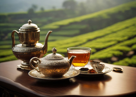 tea ceremony in the tea plantation with teapot and cupの素材