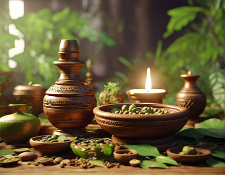 Spa still life with green aromatic herbs, essential oils and essential oils.の素材