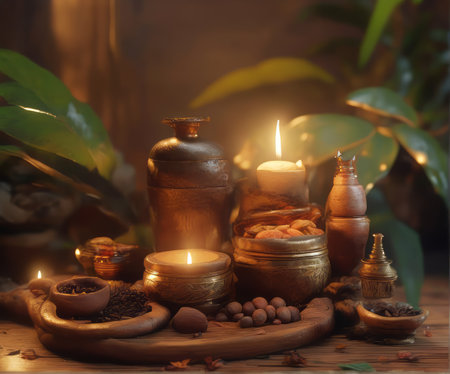 Spa still life with aromatic oils and candles on a wooden tableの素材
