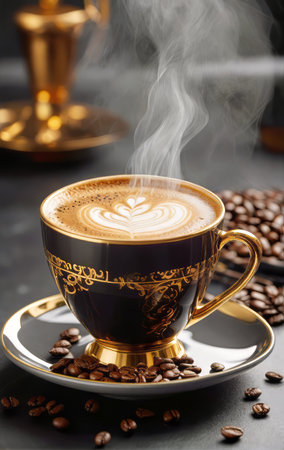 Coffee cup and saucer with coffee beans on dark backgroundの素材