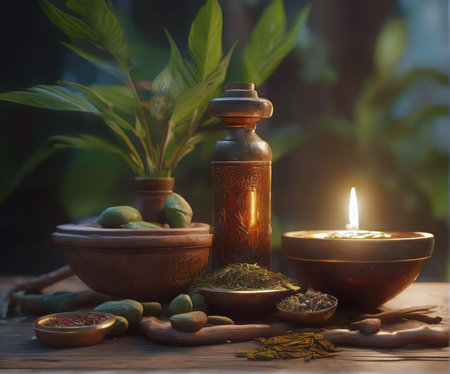 Spa still life with essential oil, herbs and candles on wooden tableの素材