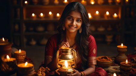 Beautiful indian woman in saree with kerosene lampの素材