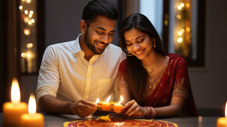 happy indian couple with diwali diya lamp at homeの素材