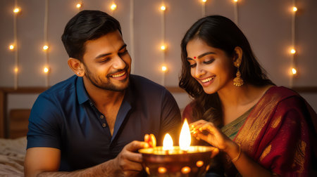 Indian couple celebrating Diwali or Deepavali with lighting candlesの素材