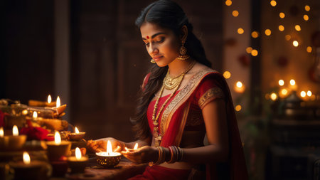 Indian woman with diwali diya and lighting candles at homeの素材