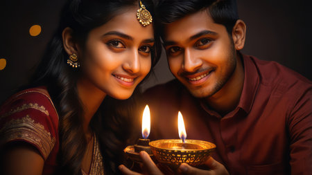 Young indian couple with diwali diya and lighting candleの素材
