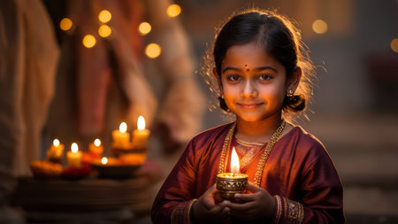 Cute Indian girl holding diya during Diwali celebration.の素材