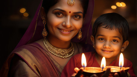 indian family with diwali diya and lighting candle at nightの素材