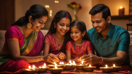 indian family lighting diya at home during diwali celebrationの素材