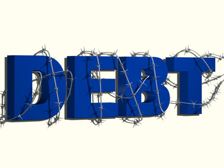 The inscription debt shrouded in barbed wire. 3d rendering.の写真素材