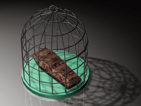 Wooden coffin of death on a bird cage. 3D, for example.の写真素材