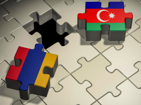 Puzzles with flags of Armenia and Azerbaijan. The war of Armenia and Azerbaijan for Mountainous-Karabakh. 3D rendering.の写真素材