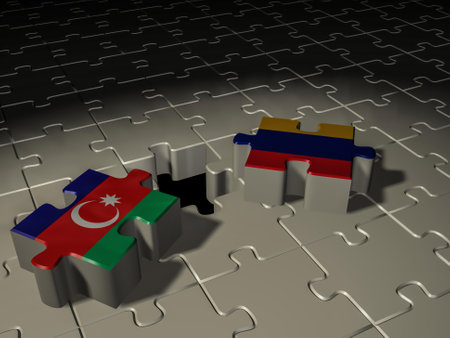 Puzzles with flags of Armenia and Azerbaijan. The war of Armenia and Azerbaijan for Mountainous-Karabakh. 3D rendering.の写真素材