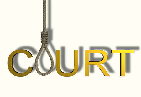 The inscription court and the rope for the gallows on a white background. 3d rendering.