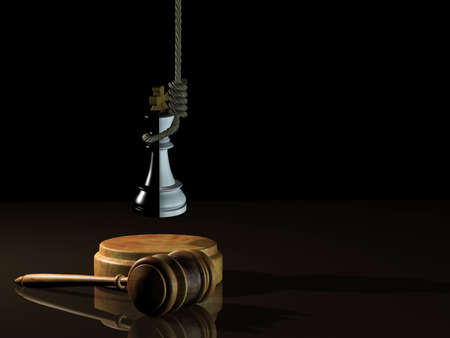 Black and white king hanged by a rope on the hammer of justice. 3d rendering.